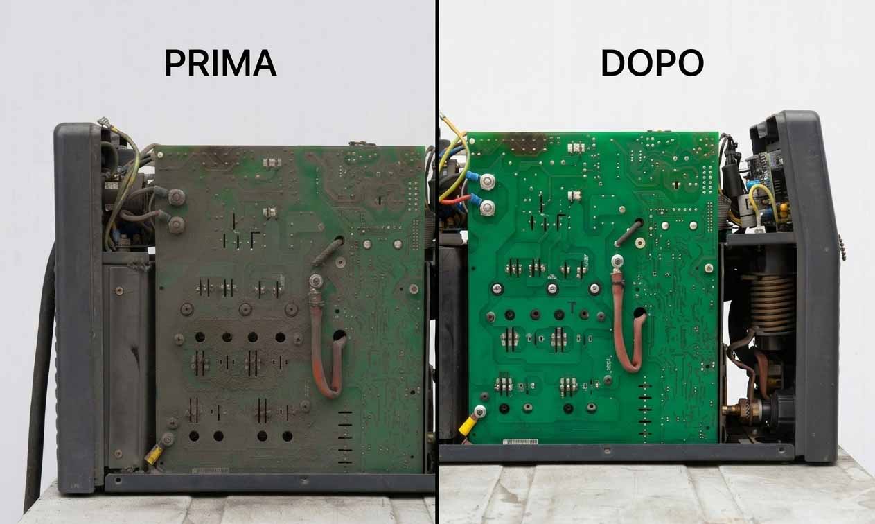 Confronto pulizia interna saldatrice inverter polvere metallica schede elettroniche